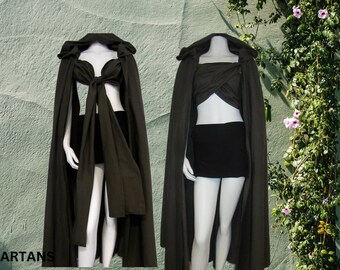 Space Samurai Hooded Cloak, Black Hooded Robe Attached with long Scarf, Cosplay Cloak, LARP, Renaissance Cloak Hooded, Medieval Cloak