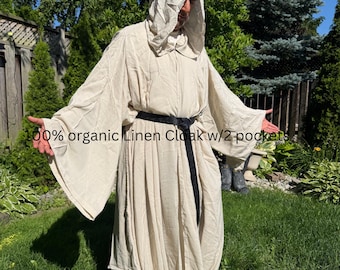 Linen Hooded Cloak, Wizard Cloak w/ Pockets, Cosplay Medieval Cloaks, Full Length