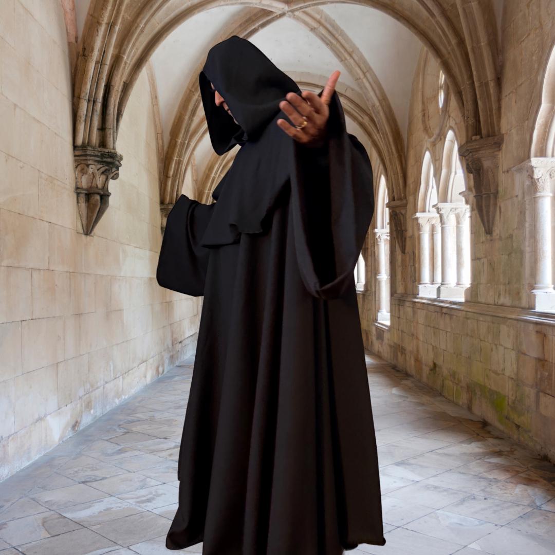 Black Medieval Monk Robe, Hooded Cowl, Pocket, Plus Size  display picture 3