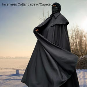Black Inverness Cloak with Capelet & Collars, Cloak/Cape , Custom Length