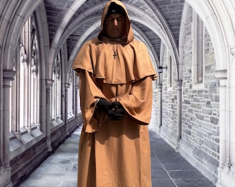 Túnica de monje de lino orgánico, medieval, con capucha y mangas largas, con bolsillo, color marrón caramelo
