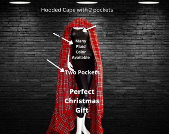 Hooded Cape with 2 Pockets, Hooded Long wrap/ Shawl, Travelling blanket, Plaid wrap, Many Colors Available