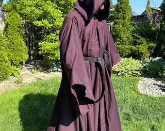 Płaszcz czarodzieja w kolorze głębokiego wina i burgunda, peleryny cosplay, peleryna z kapturem i kieszeniami, niestandardowa długość