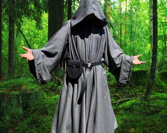 Jaeger Dark Gray Hooded　ロングマント Wool Hooded Cloak, Open Kimono Cardigan, Wizard Viking Cloak