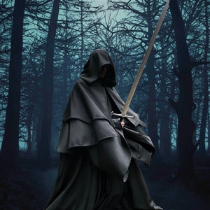 Witch King Cloak: Black Gabardine Robe, Hooded Costume, LARP Cosplay