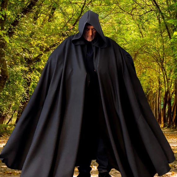 Plus Size Black Full Circle Hooded Cloak, Large Hood With 2