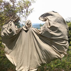 Organic Linen Hooded Cloak: Beige Full Circle Cape with Pockets