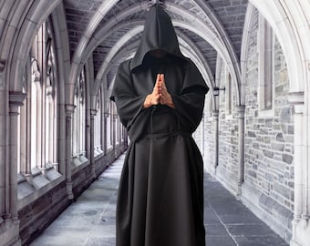 Túnica de monje negra con capucha, disfraz medieval, cosplay gótico renacentista, longitud personalizada