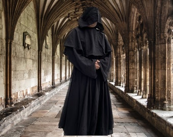 Full Sleeves Monk Cloak~ Black Cloak~ Monk Robe with Capelet Hood With Matching Belt~ Full Length~ More Colors Available