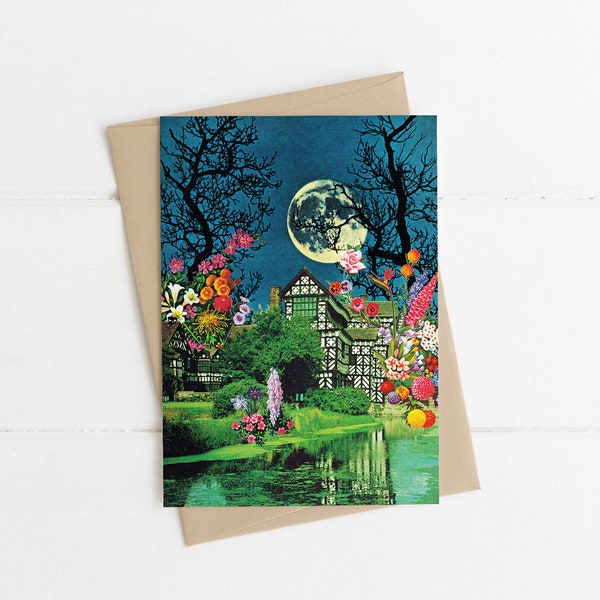 House of Dreams Card - Moon floral collage blank greeting card