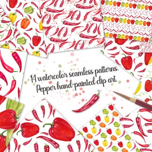Modello senza cuciture di peperoni dell'acquerello, peperoncino di carta digitale, modello e di paprika, sfondi acquerello con peperoni DYI9