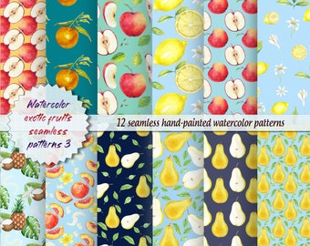 Watercolor tropical fruits digital paper seamless patterns. Watercolor fruits patterns and tropical patterns, digital paper, scrapbook DIY6