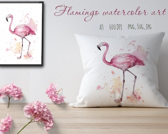 Pink Flamingo Watercolor Art Clipart: Hand-Painted Tropical PNG SVG JPG (Digital Download)