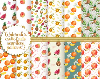 Watercolor tropical fruits digital papers set. For fabric wallpaper, scrapbook paper, textile, invitations. Diy5