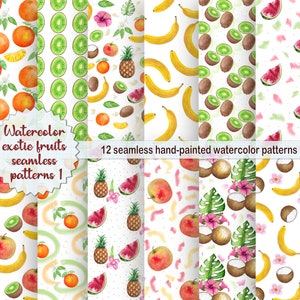 12 modelli di frutta esotica senza cuciture dell'acquerello. Carta digitale, tessuto e altro ancora. Diy4
