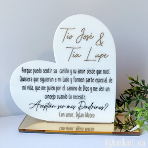 Personalized Godparent Proposal Acrylic Sign – Custom Padrinos Gift – Heart-Shaped Engraved Plaque with Name & Message