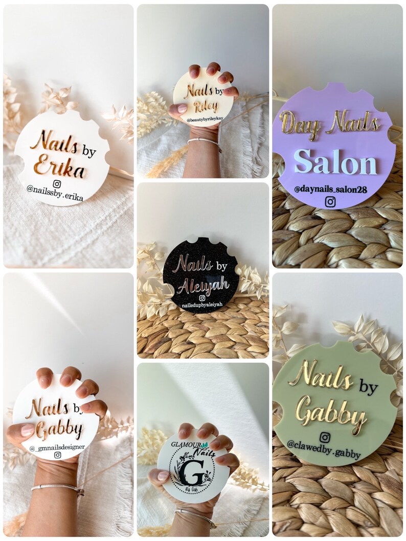 May include: A selection of car coasters, each branded for a nail salon. The coasters are in various colours, with gold or white lettering. Names such as "Erika," "Riley," "Aleyah," and "Gabby" are featured, along with Instagram handles.