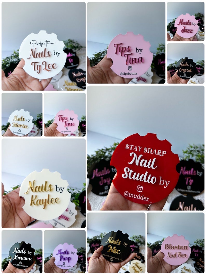 May include: A selection of car coasters in different colours, each displaying a nail salon's name. Coasters include names such as "Ty Lee," "Tina," "Kaylee," and "Mic." The coasters are round with a distinctive notched design.