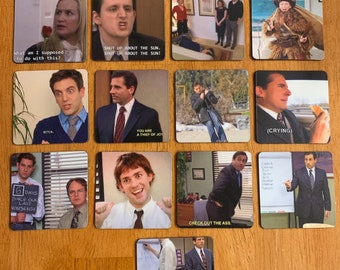May include: A set of 12 square coasters featuring scenes and quotes from the popular television show "The Office". The coasters are printed with images of the characters and iconic moments from the show. Some of the quotes featured on the coasters include "What am I supposed to do with this?", "SHUT UP ABOUT THE SUN. SHUT UP ABOUT THE SUN!", "BITCH.", "YOU ARE A THIEF OF JOY", "(CRYING)", "6 DAYS SINCE OUR LAST VONSENSE", "CHECK OUT THE ASS.", and "It's a good old-fashioned scheme."