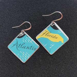 boucles d’oreilles en étain - carte des Caraïbes - floride - atlantis atlantique - boîte de cigare upcyclée de 1950 - bijoux légers - milieu du siècle