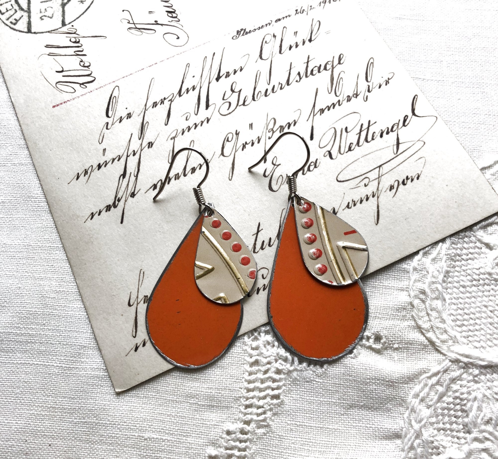 Tin Earrings Gold on Cream and Orange Teardrops Upcycled Vintage 1950s