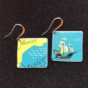boucles d’oreilles en étain - carte des Caraïbes - golfe du Mexique - carrack, caravelle, nao - boîte de cigare upcyclée de 1950 - bijoux boho lightweight statement