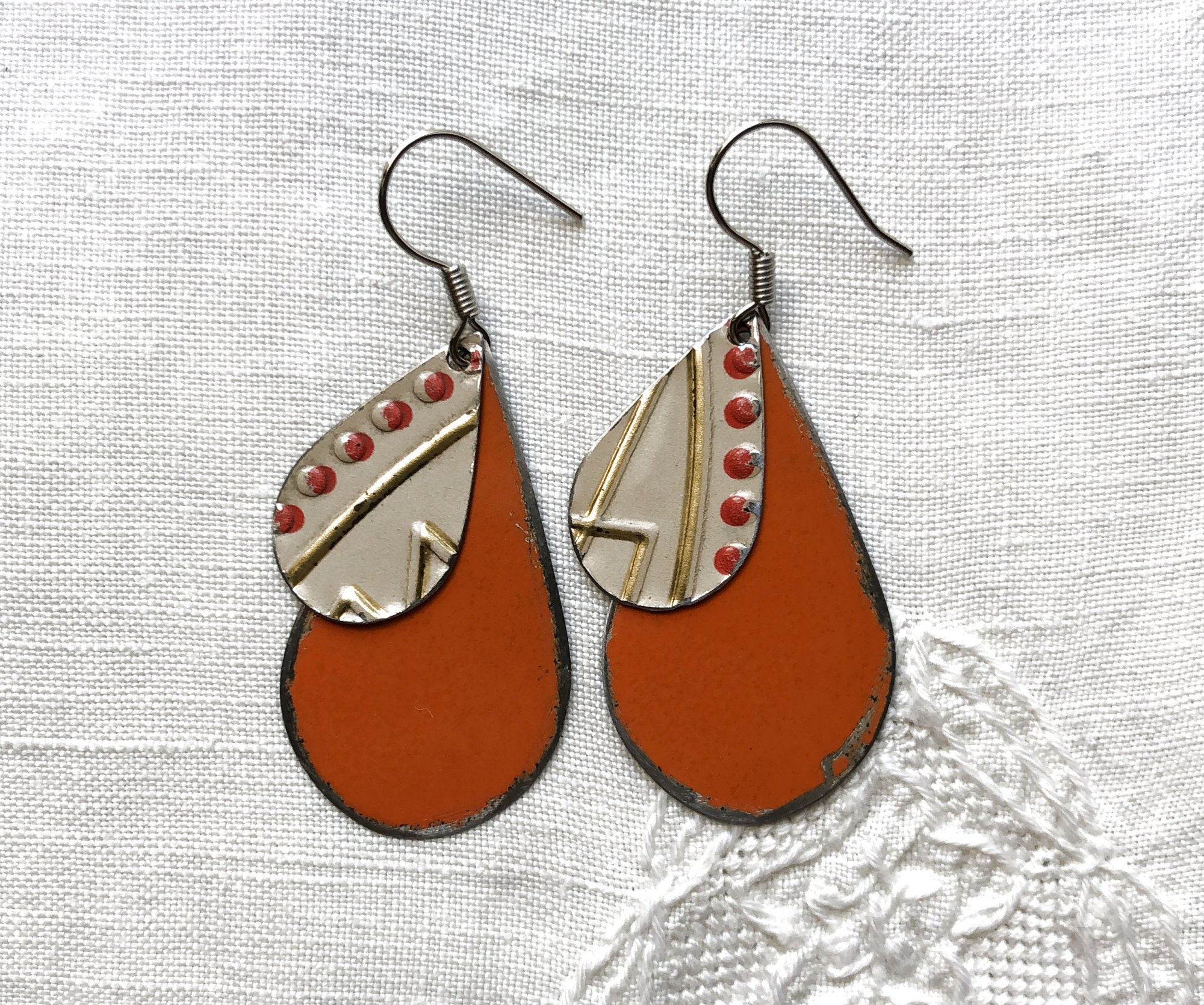 Tin Earrings Gold on Cream and Orange Teardrops Upcycled Vintage 1950s