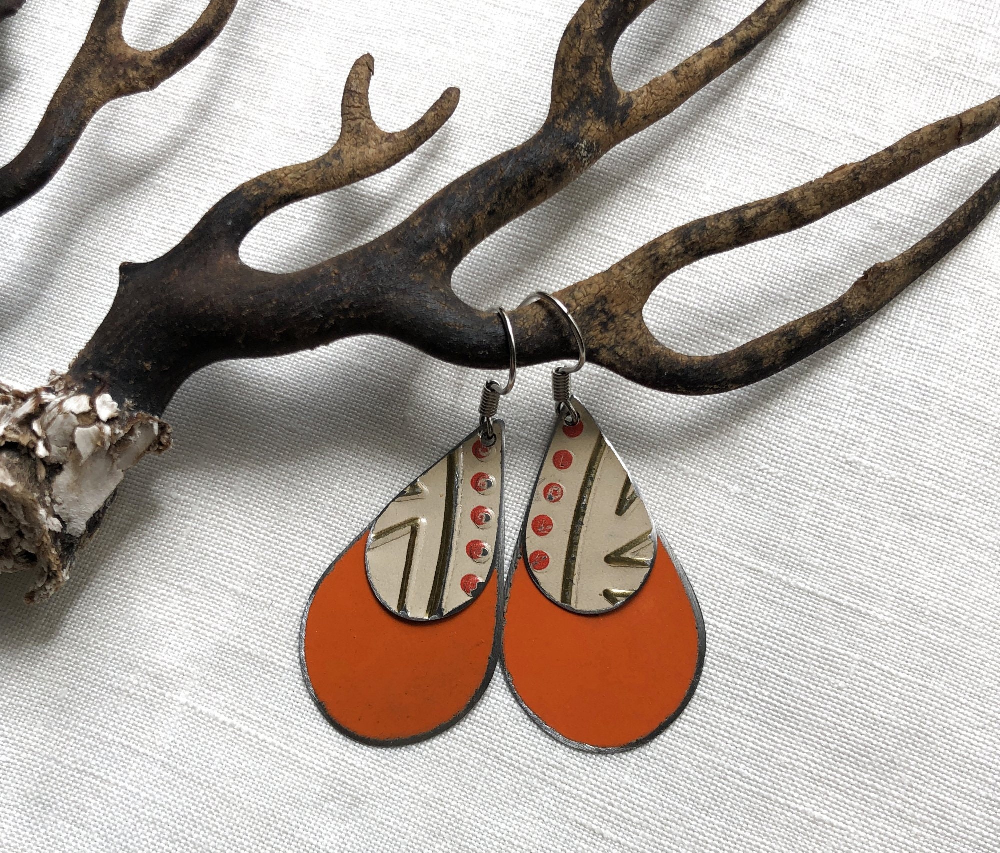 Tin Earrings Gold on Cream and Orange Teardrops Upcycled Vintage 1950s