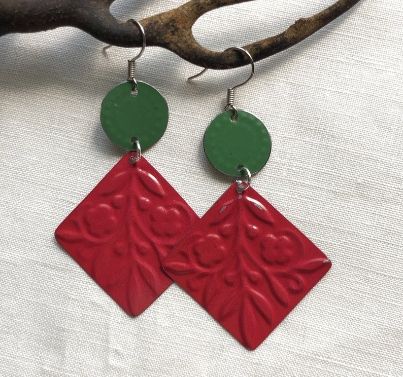 Tin Earrings Quilt Block Embossed Squares in Red Green Etsy