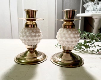Milk Glass Hobnail and Brass Candle Holders Pair