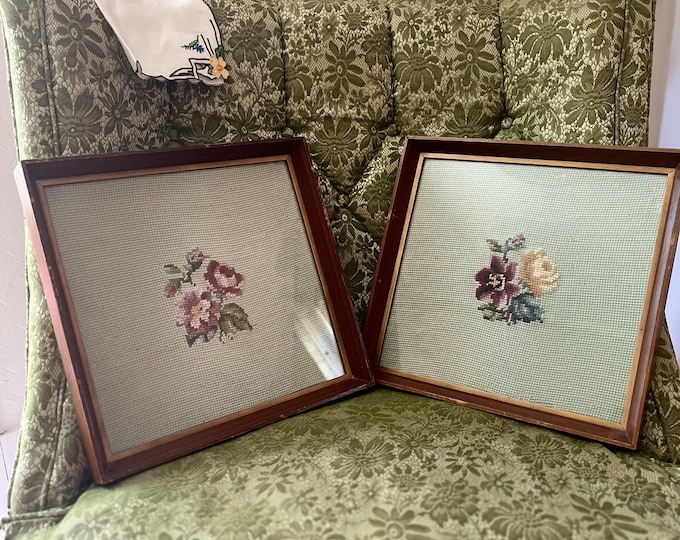 Vintage Needlepoint Framed Floral Art Etsy