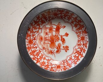 Vintage Japanese Kutani Porcelain Hand Painted Ashtray Encased in Pewter