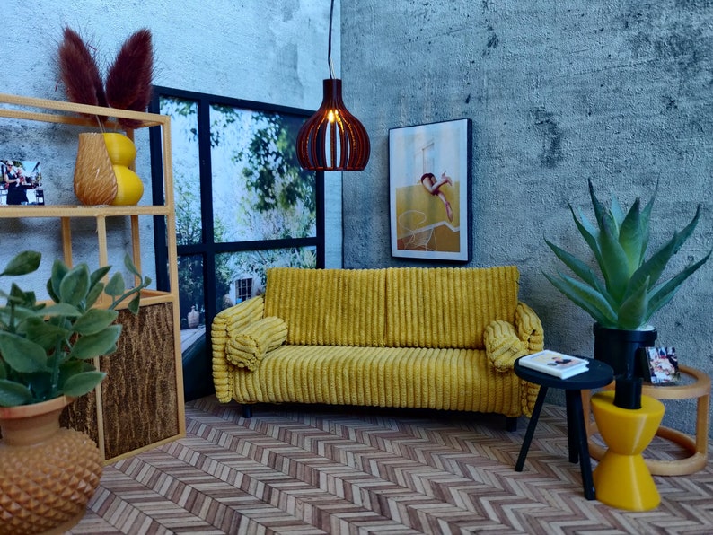 modern couch design interior furniture Handm,ade 112 1:12 minicouch Modern miniature dollhouse sofa couch yellow corduroy