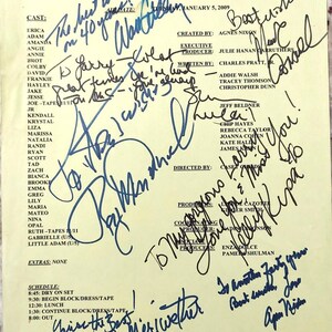 May include: A yellow sheet of paper with handwritten text and signatures. The text includes the title "All My Children" and a list of cast members. The signatures are from various actors and crew members.