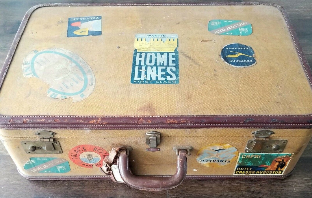 Vintage Suitcase Luggage Queen Mary Italy Lufthansa Labels 1950 W