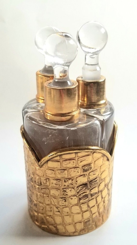 Vintage Angular Glass Perfume Three Bottle Metal B