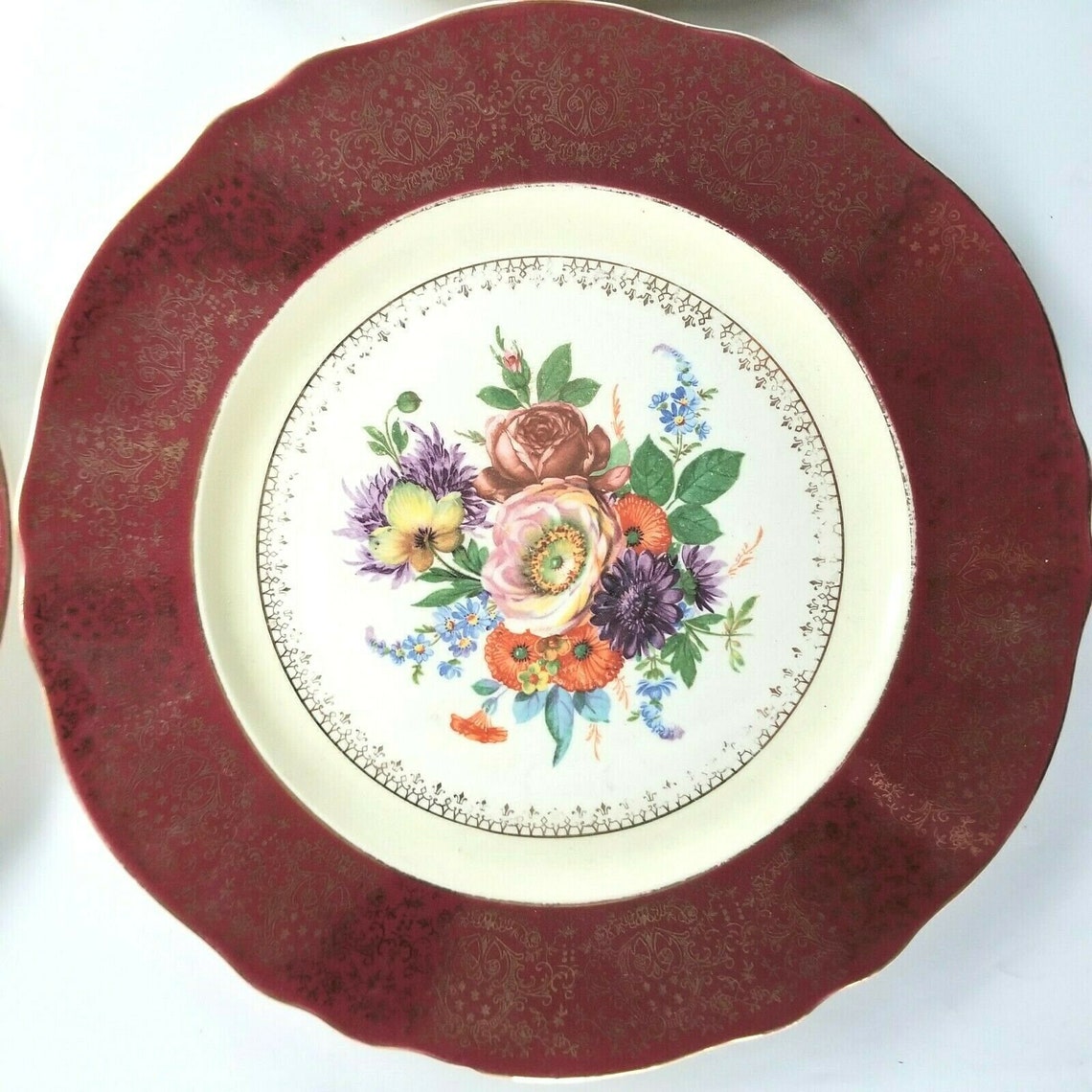 Set Of 4 Plate Steubenville Pottery 2048 Gold Burgundy Floral Etsy