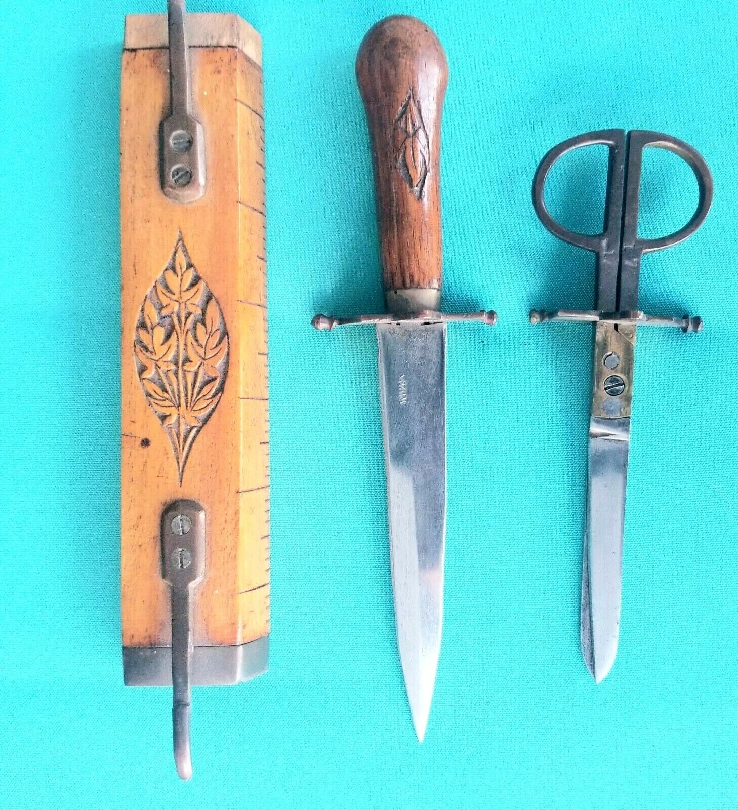 Vintage Carved Wood and Brass Letter Opener Ruler Scissors Etsy