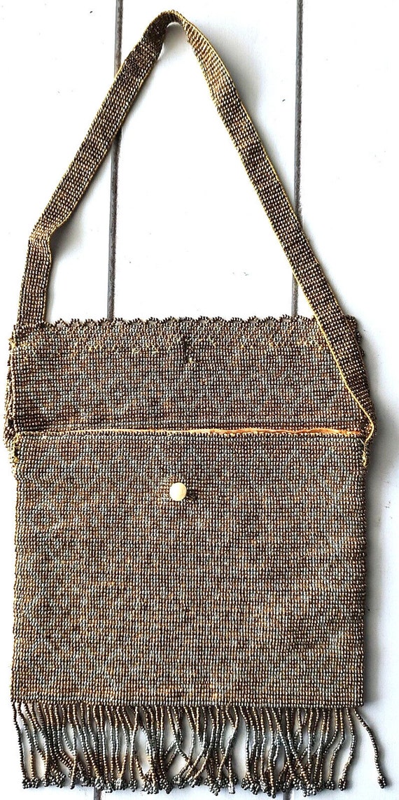 Vintage Brown Beaded Wrist Purse Bag Art Deco Flap