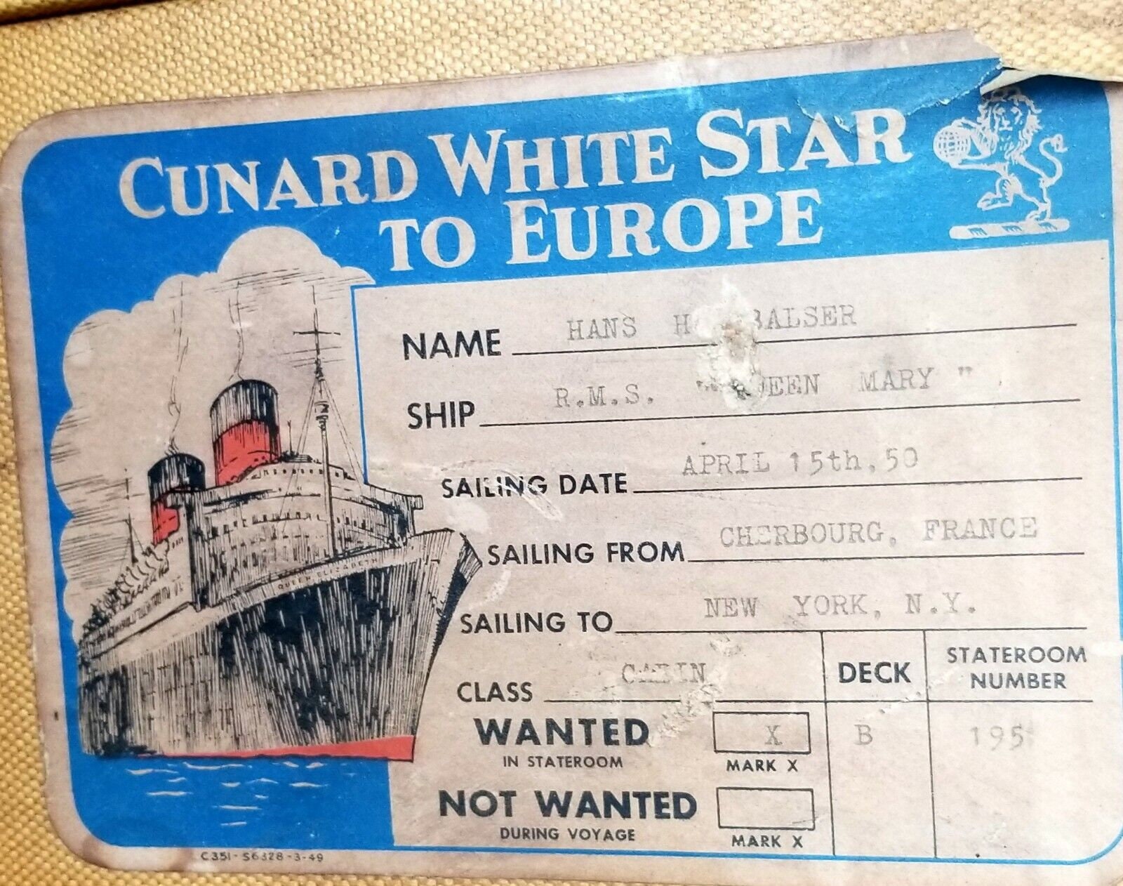 Vintage Suitcase Luggage Queen Mary Italy Lufthansa Labels 1950 W