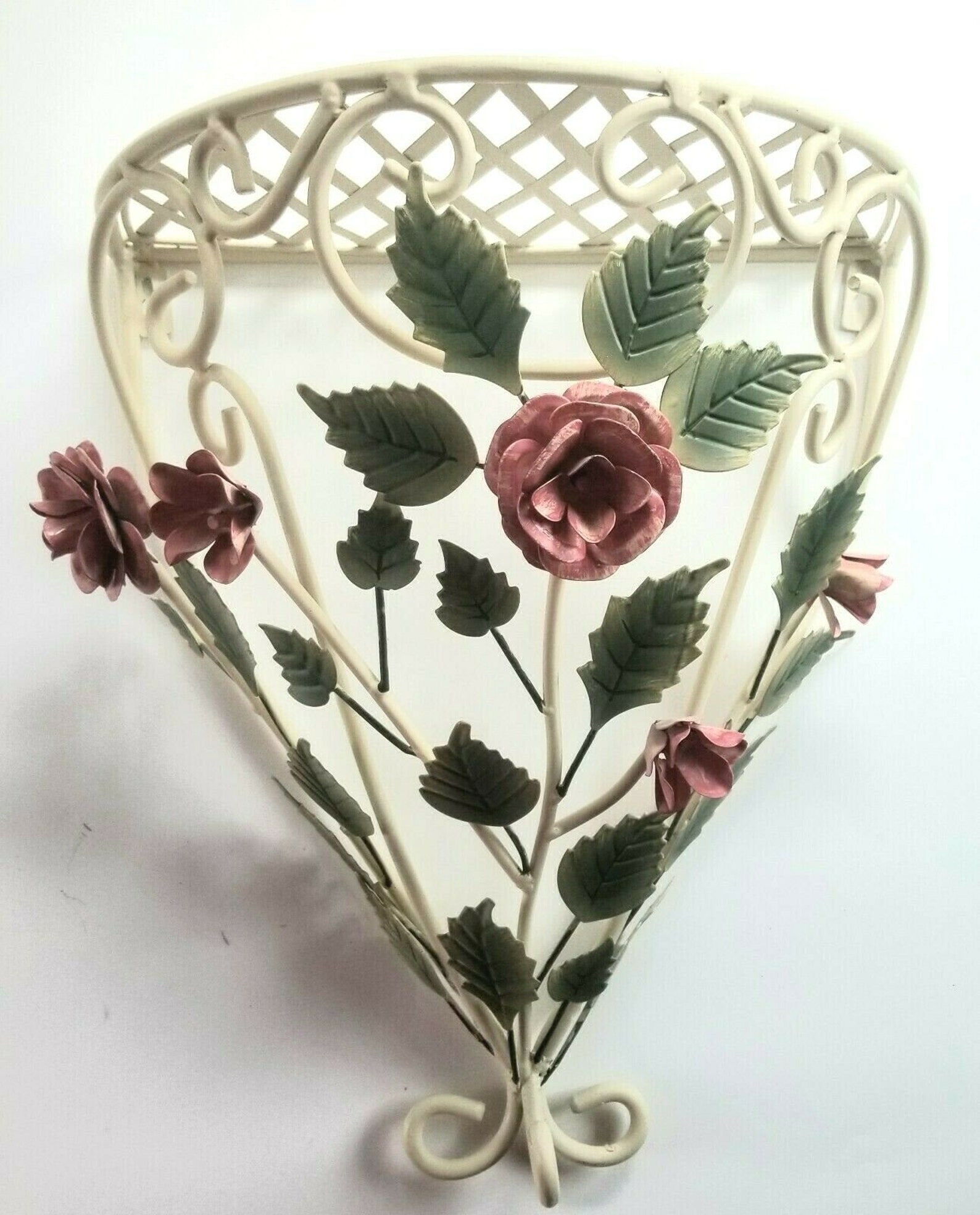 Vintage Tole Enamel Metal Lattice Wall Shelf Red Roses Flowers Etsy