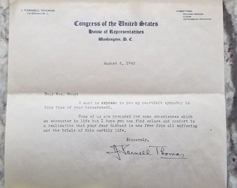 Condolence Letter 1943 Us Congressman J. Parnell Thomas Nj Huac Committee