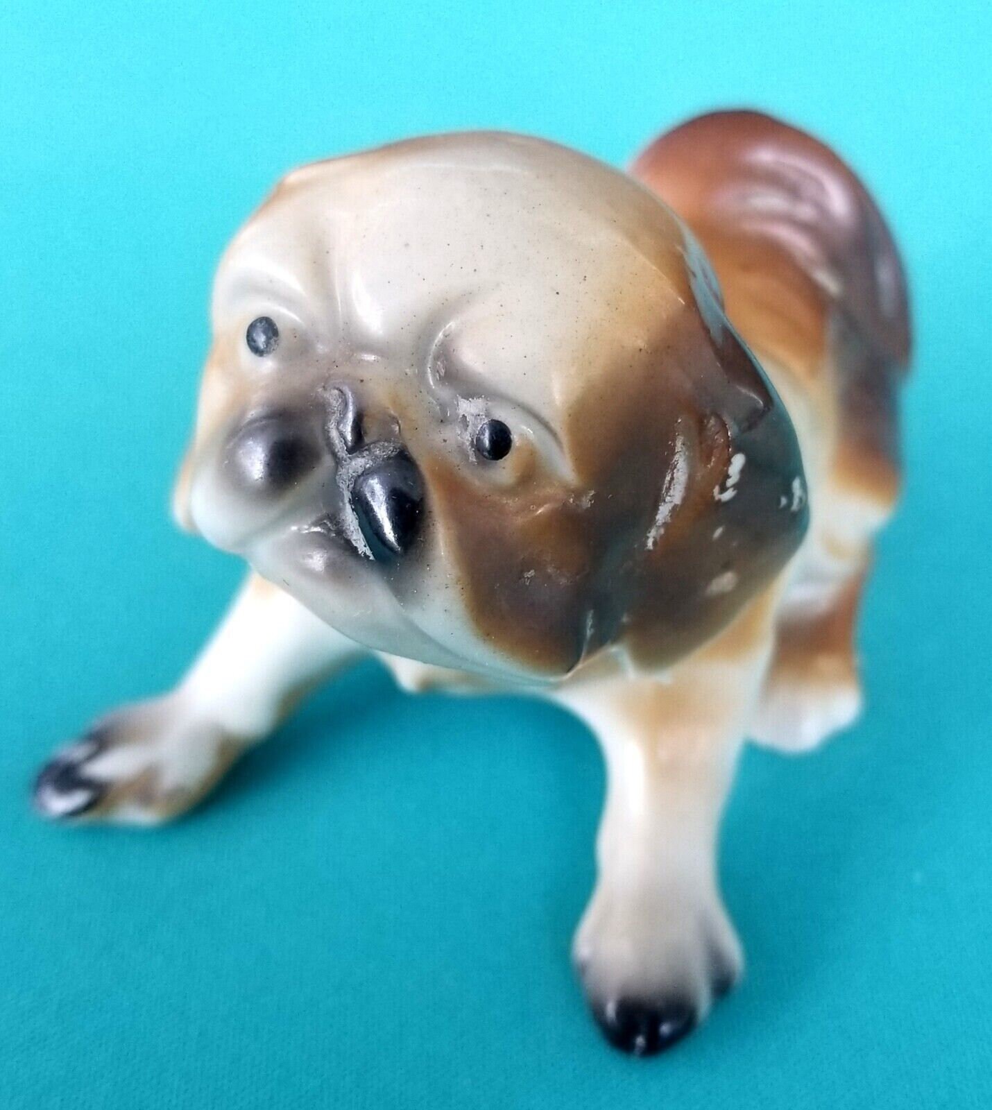 Porcelain Pekingese Dog Figurine Ceramic Handmade Animals Miniatures Collectible 