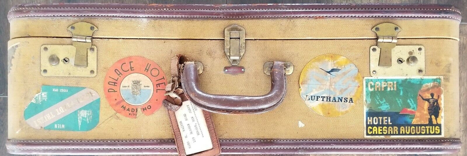 Vintage Suitcase Luggage Queen Mary Italy Lufthansa Labels 1950 W