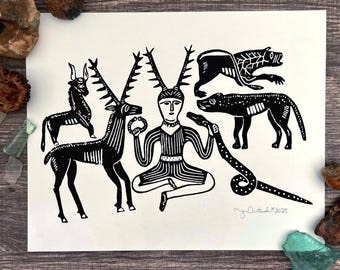 Cernunnos and Animals from the Gundestrup Cauldron, Block or Screen Print, Historical Heathen Pagan Celtic Manuscript Art