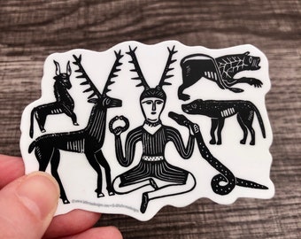 Cernunnos and Animals from the Gundestrup Cauldron Sticker, Historical Heathen Pagan Celtic Manuscript Art