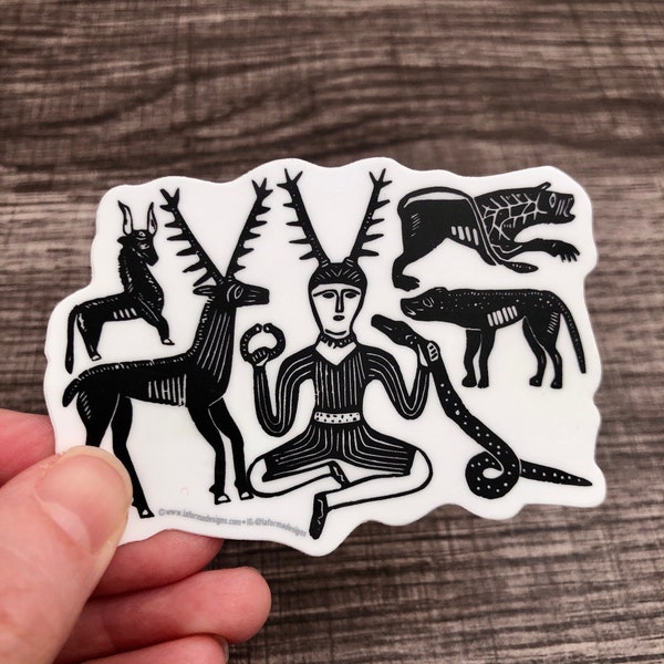 Cernunnos and Animals from the Gundestrup Cauldron Sticker, Historical Heathen Pagan Celtic Manuscript Art