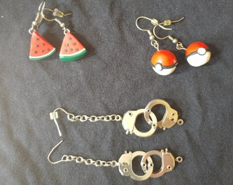 YOU CHOOSE Handmade earrings,Pokemon, pokeball,  watermelon, handcuffs, fun, everyday wear