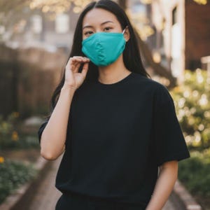 May include: A teal face mask with a stitched design is worn by a person wearing a black t-shirt and black trousers. The background shows a brick pathway and trees.