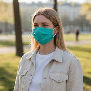 May include: A teal face mask with white ear loops. The mask is worn by a person wearing a white t-shirt and a light beige denim jacket. The background is a park with trees and sunlight.